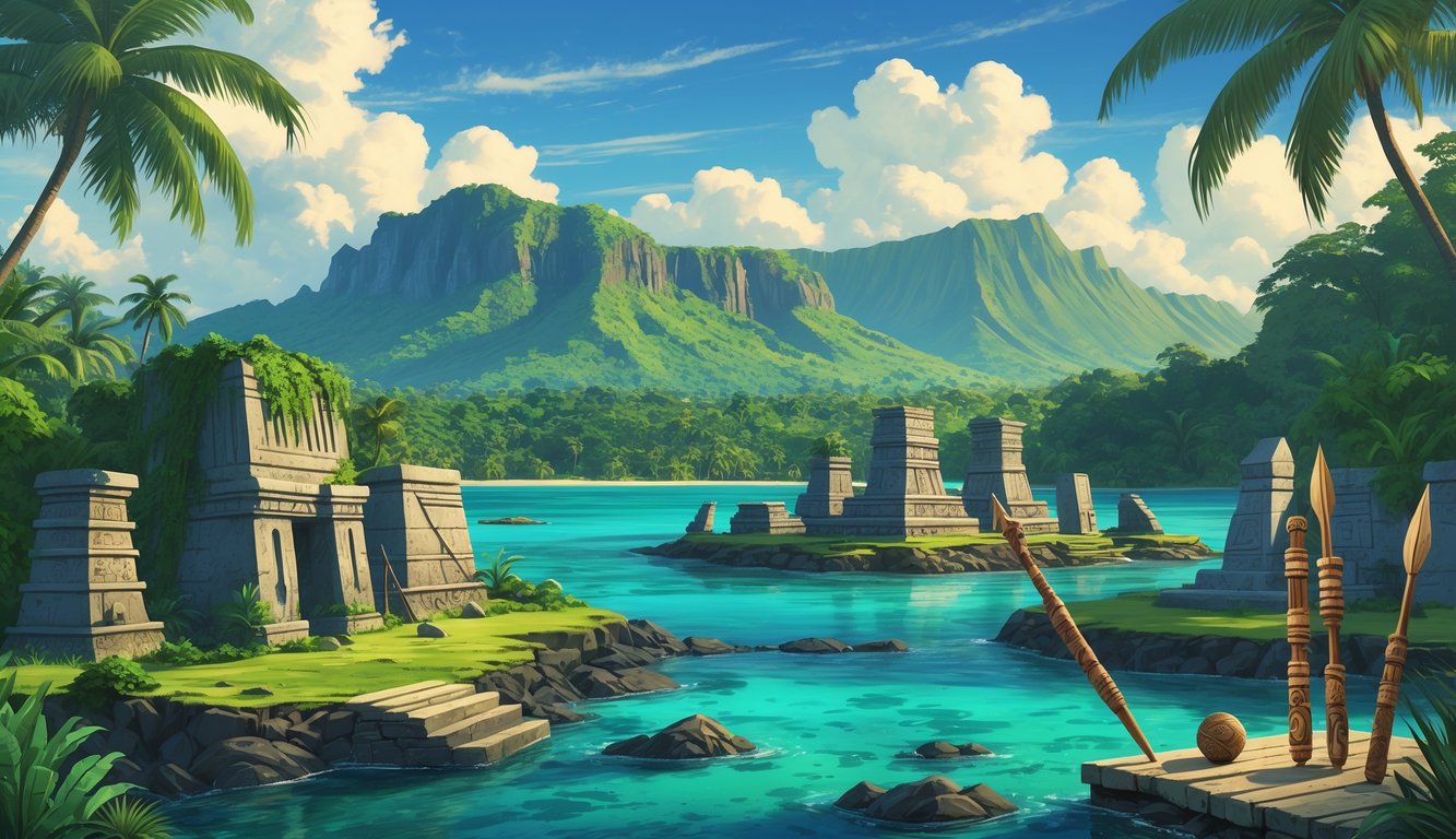 A tropical island landscape with ancient stone ruins, carved wooden artifacts, and volcanic mountains in the background.
