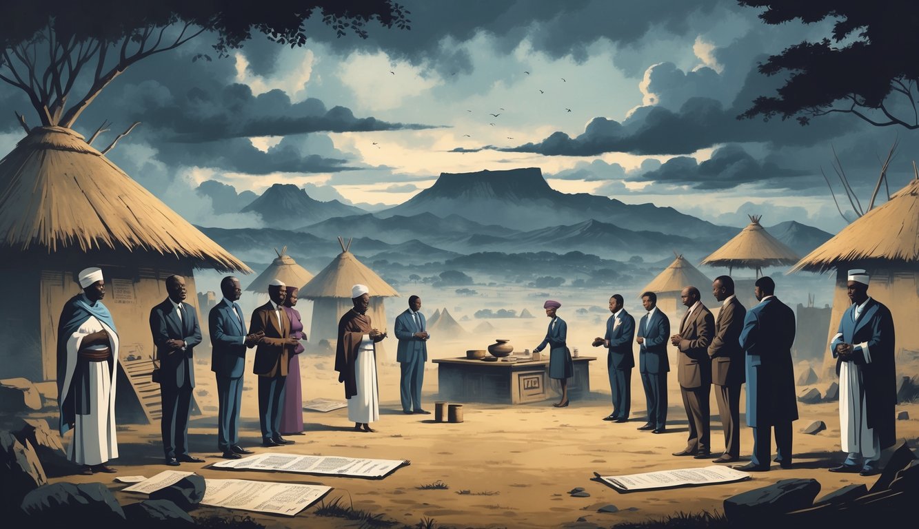 A group of people in traditional Eswatini clothing stand near huts and mountains under a cloudy sky, examining ancient artifacts and documents, symbolizing historical mysteries and social uncertainties.
