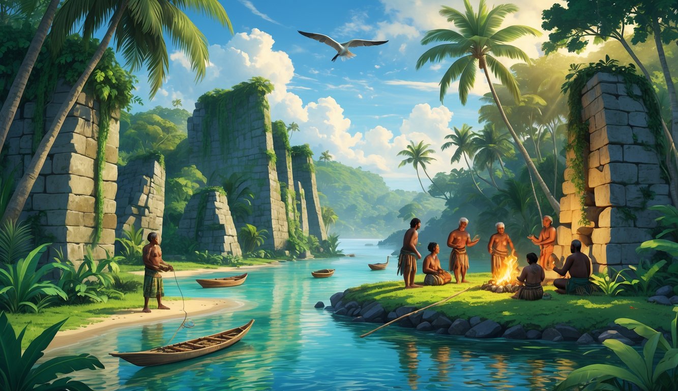 A tropical Fijian landscape with ancient stone ruins, indigenous people practicing traditional sustainable activities, elders sharing stories around a fire, surrounded by lush forests and native wildlife.