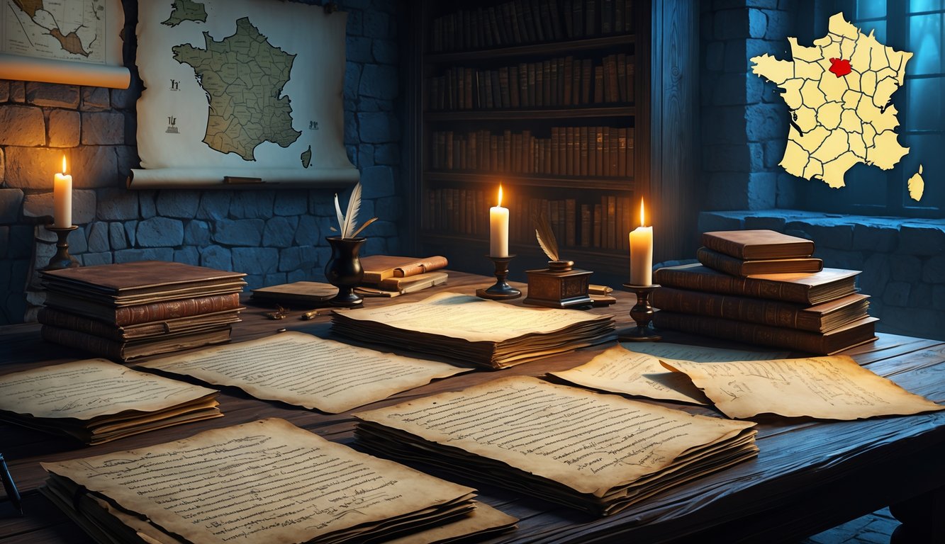 A dimly lit ancient study room with old manuscripts, parchments, books, and maps related to historical mysteries in France.