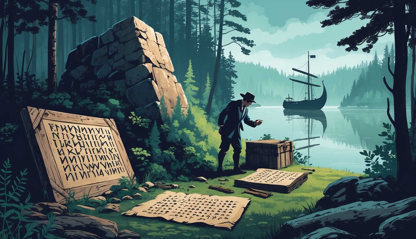 A forest scene with an ancient stone monument, an explorer examining carved runes, a Viking ship silhouette on a misty lake, and hints of mythical creatures and old maps nearby.