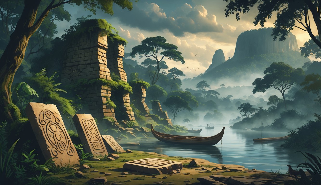 A dense rainforest with ancient stone ruins, carved artifacts on the ground, a misty river with traditional canoes, and shadowy figures suggesting ancestral spirits in Gabon.