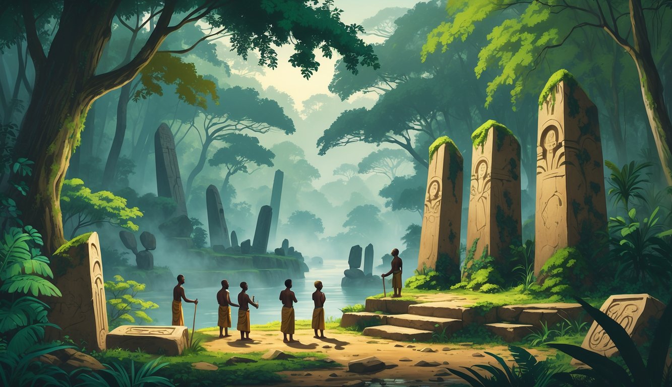A dense rainforest in Gabon with ancient stone monoliths and carved artifacts surrounded by local people examining them, with a misty river and ruins visible in the background.
