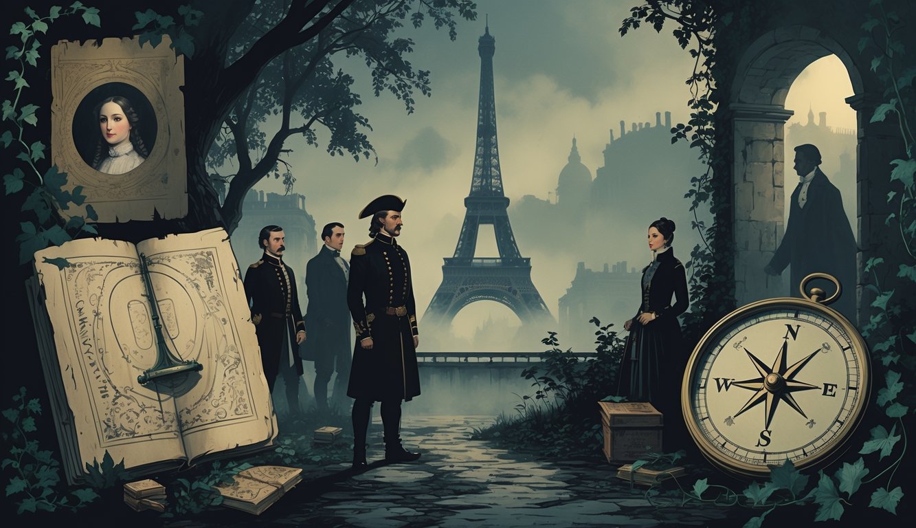 A foggy scene in France featuring famous historical figures surrounded by mysterious objects and landmarks like the Eiffel Tower and Palace of Versailles.
