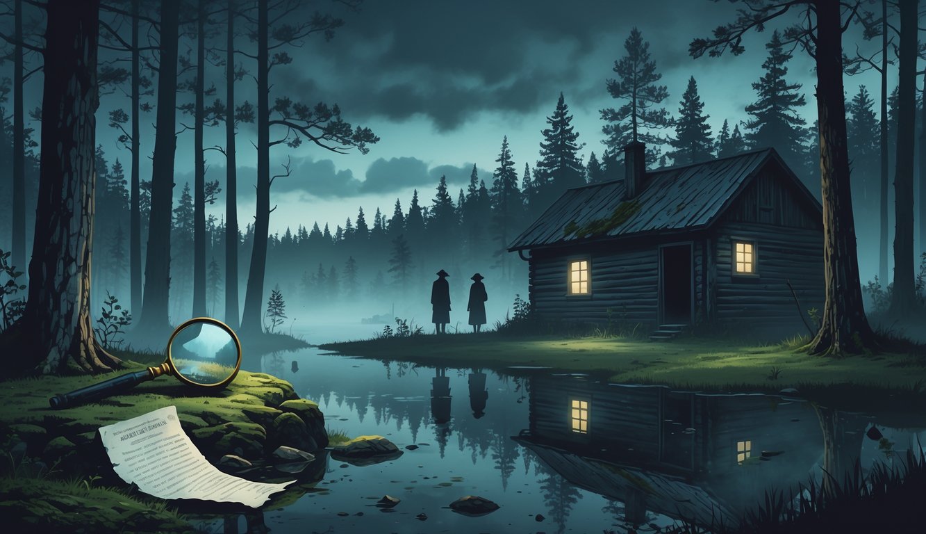 A foggy Finnish forest at twilight with tall pine trees, an old wooden cabin with a light in the window, a lake reflecting the scene, and subtle objects hinting at historical mysteries scattered on the forest floor.