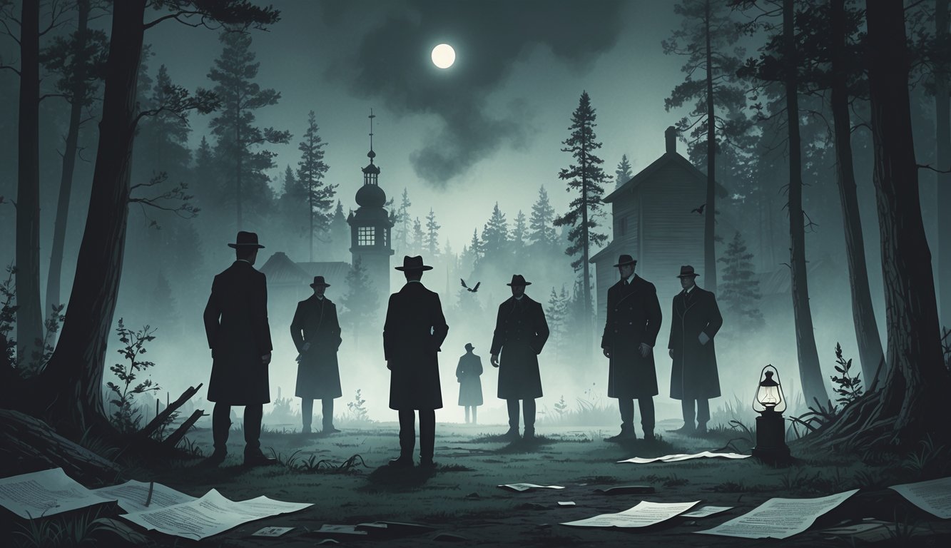Several shadowy figures in early 20th-century Finnish clothing stand in a misty forest with old wooden houses in the background, creating a tense and mysterious atmosphere.