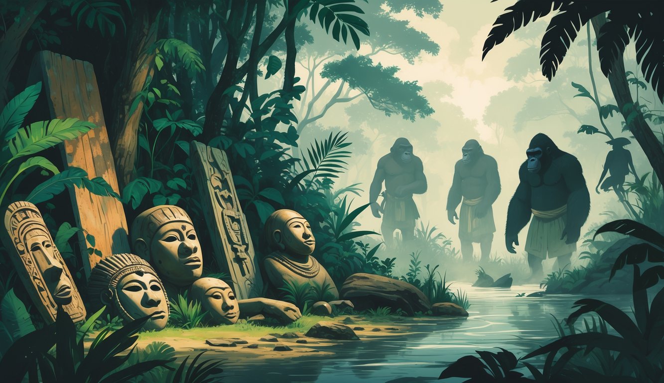 A dense Gabonese rainforest with traditional tribal artifacts among plants and ghostly silhouettes of indigenous people fading into mist.