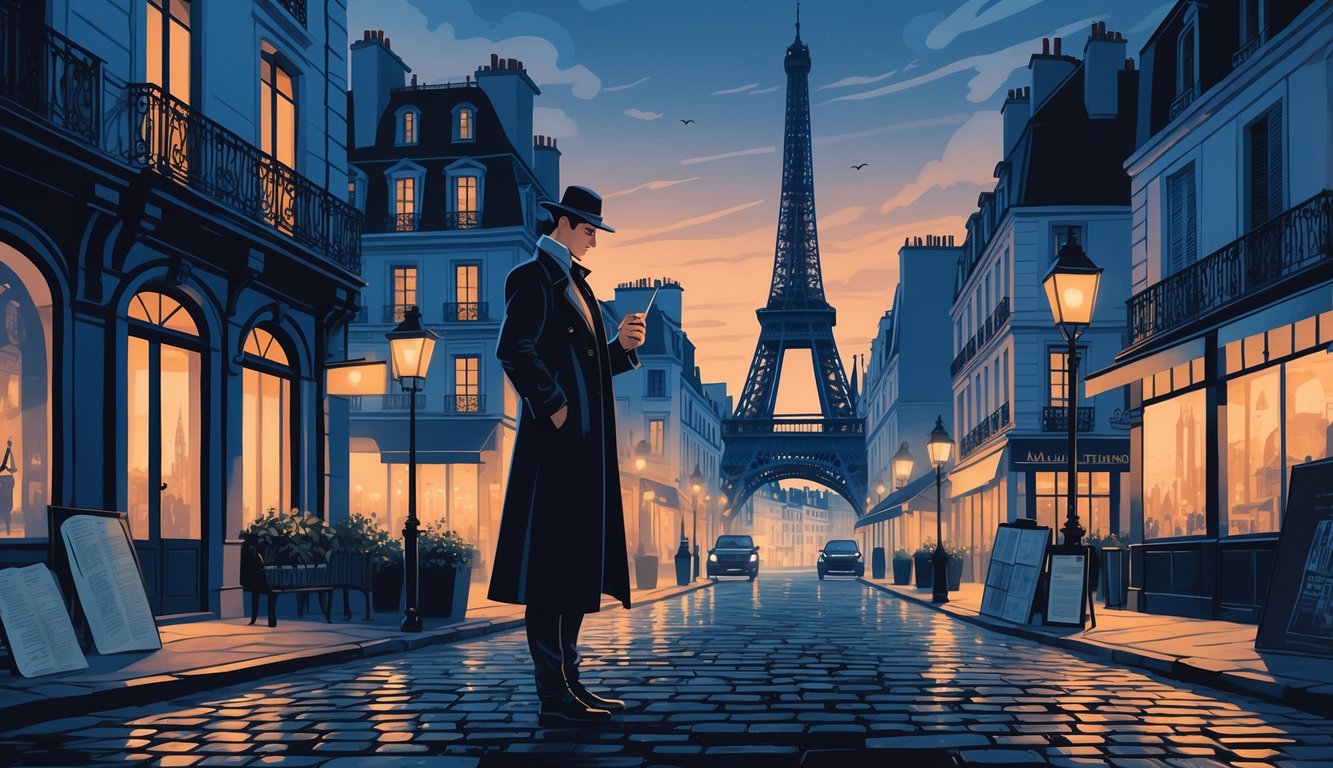 A person stands on a cobblestone street in France near historic buildings and landmarks, surrounded by clues like old manuscripts and maps.