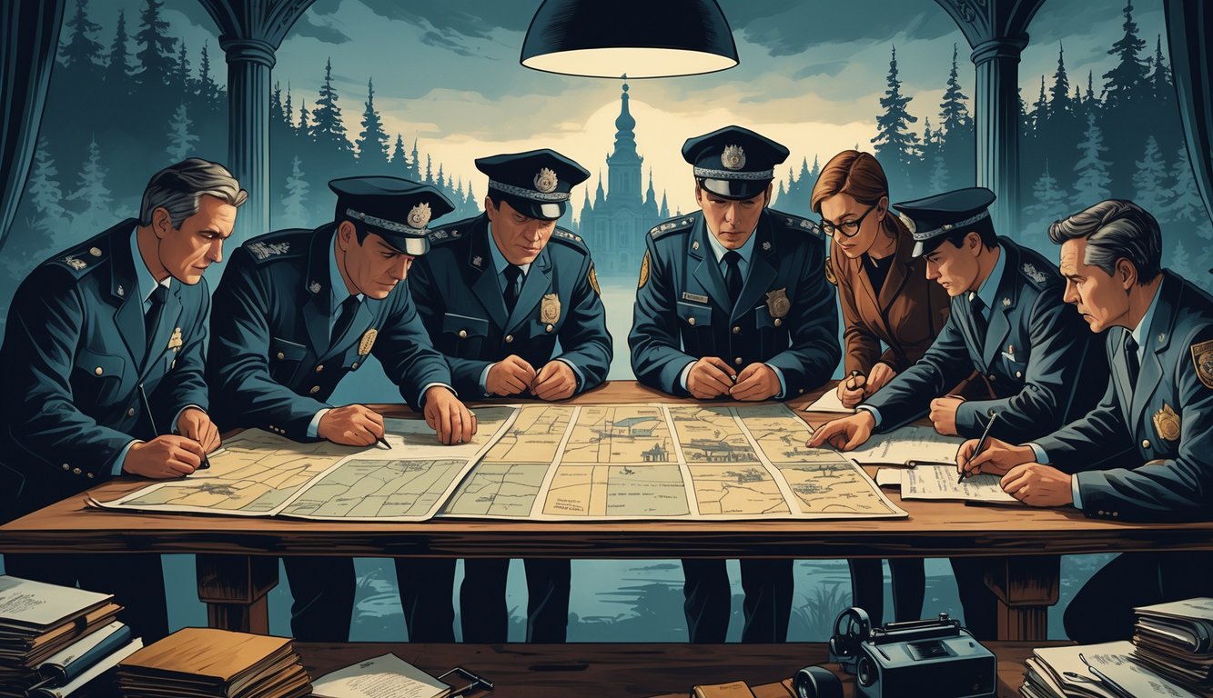 Investigators and journalists examining documents and maps in a room with Finnish landmarks visible in the background.