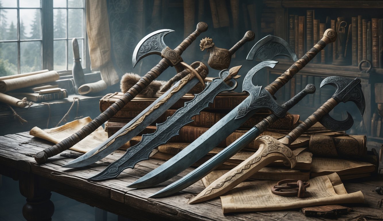 A collection of ancient Finnish weapons displayed on a wooden table with old books and maps in the background.