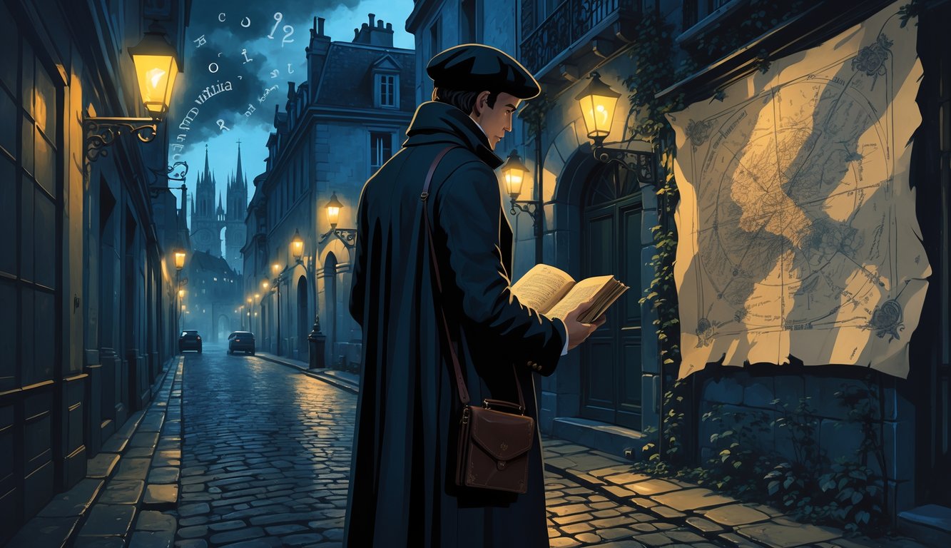 A mysterious figure stands on a dimly lit cobblestone street in 19th-century France, surrounded by old buildings, gas lamps, and faint symbols suggesting historical mysteries.