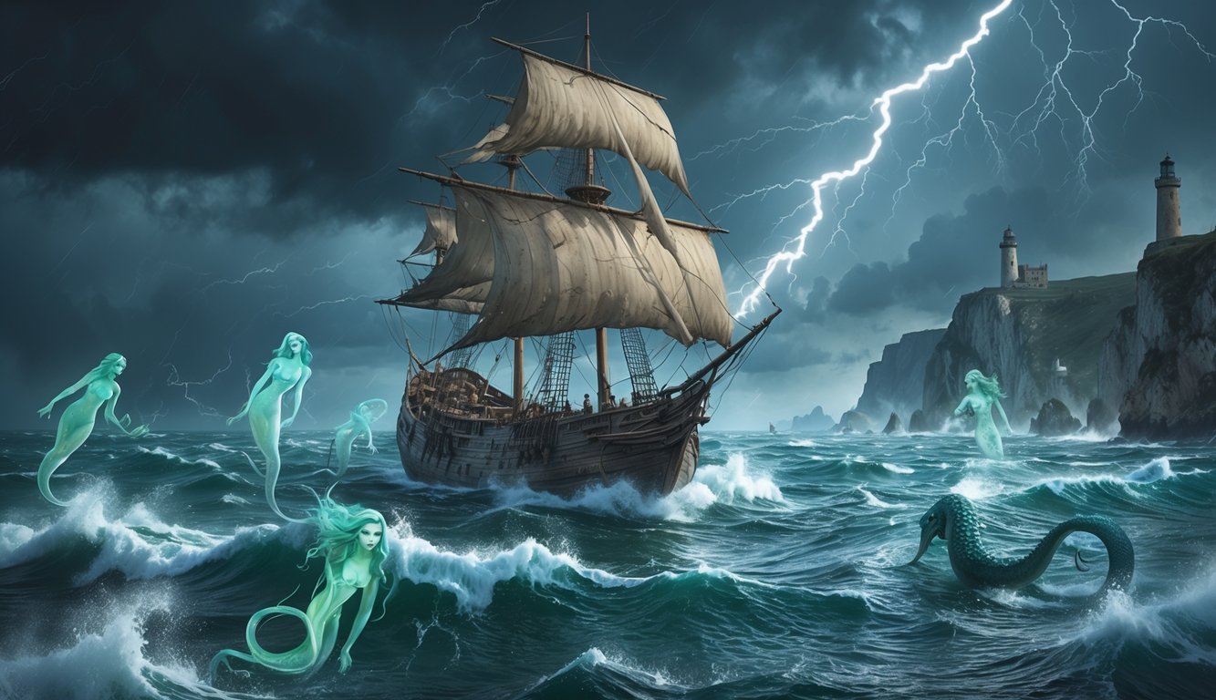 A stormy sea with a damaged sailing ship battling large waves near a misty French coastline, with ghostly figures of sailors and sea creatures emerging from the water.