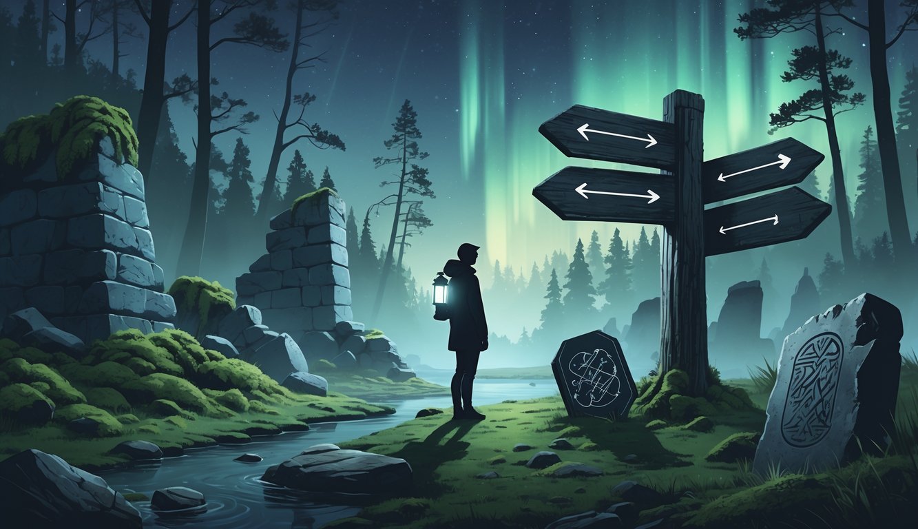 A person holding a lantern stands near ancient stone ruins in a foggy Finnish forest at twilight with northern lights in the sky, surrounded by historical artifacts.