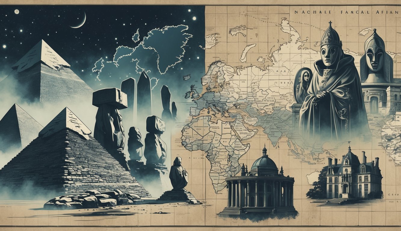 A split scene showing famous global mysteries on one side, including the Great Pyramid, Stonehenge, and Easter Island statues, and on the other side, notable French historical mysteries like the Château de Chambord, the Man in the Iron Mask, cryptic church carvings, and a map of France with mysterious locations.