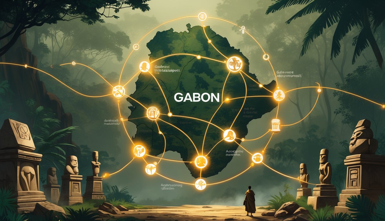 Map of Gabon connected by glowing lines to ancient artifacts, archaeological sites, and natural landmarks surrounded by rainforest and mysterious figures.