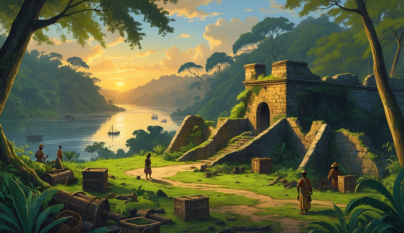 A ruined colonial stone fort covered in moss and vines in a dense rainforest with a river and setting sun in the background, surrounded by indigenous people and old artifacts.