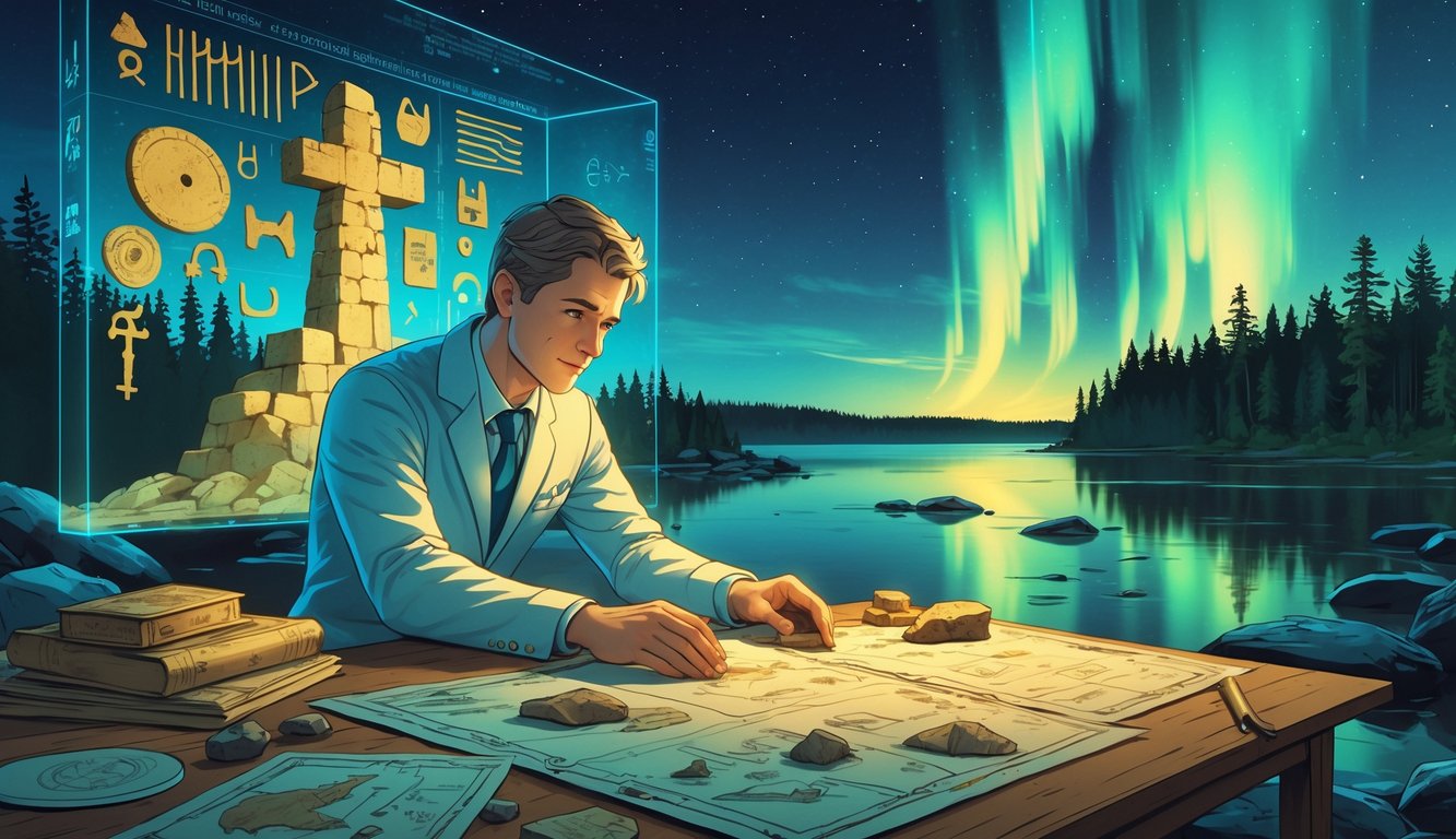 A person studies ancient Finnish artifacts and maps with a holographic display of historical symbols against a backdrop of Finnish nature and northern lights.