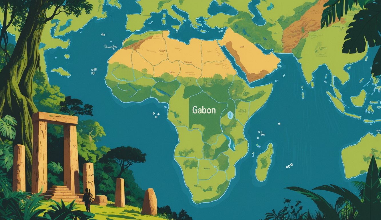 Map of Africa focusing on Gabon, surrounded by rainforest and ancient artifacts symbolizing historical mysteries.