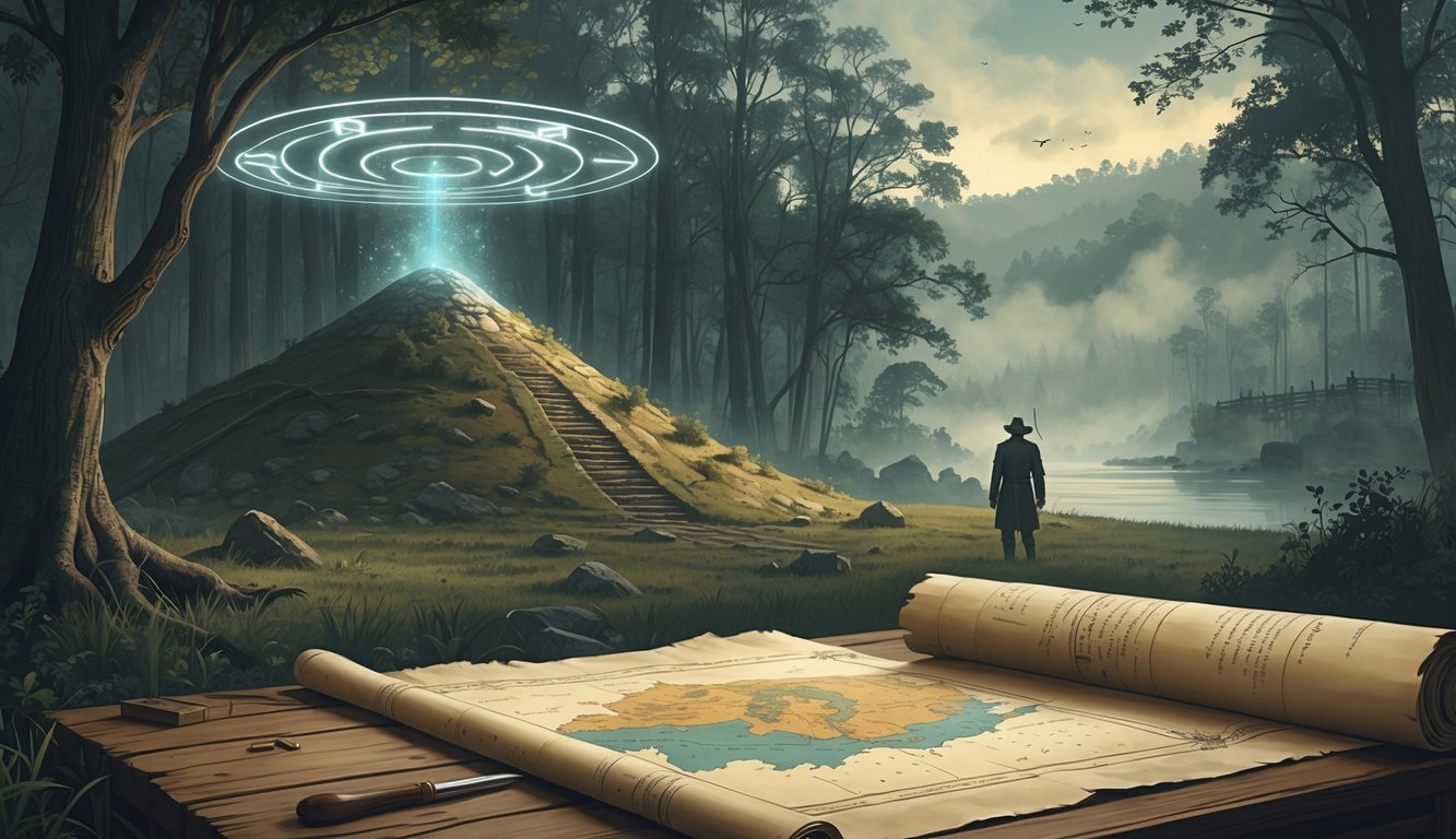 A mysterious ancient burial mound in a forest, an old colonial map on a table, and a shadowy figure near a foggy riverbank with abandoned settlements in the background.