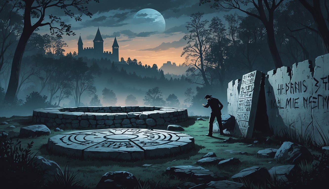 A mysterious ancient stone circle in a foggy forest with a medieval castle silhouette in the background, a person examining carved runes on a stone tablet, and a section of the Berlin Wall nearby.
