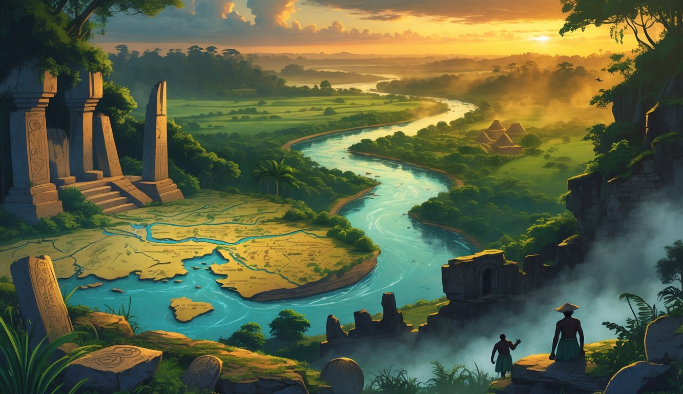An ancient map of the Gambia River surrounded by mysterious artifacts, ruins hidden in forest, and traditional villages at sunset.
