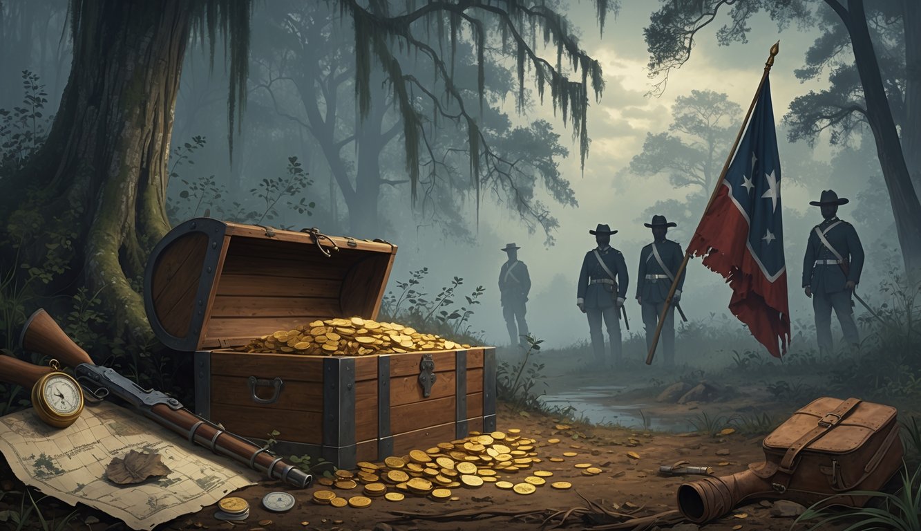 A misty Southern forest with a partially buried wooden chest surrounded by old coins and Confederate relics, with ghostly Civil War soldiers in the background.