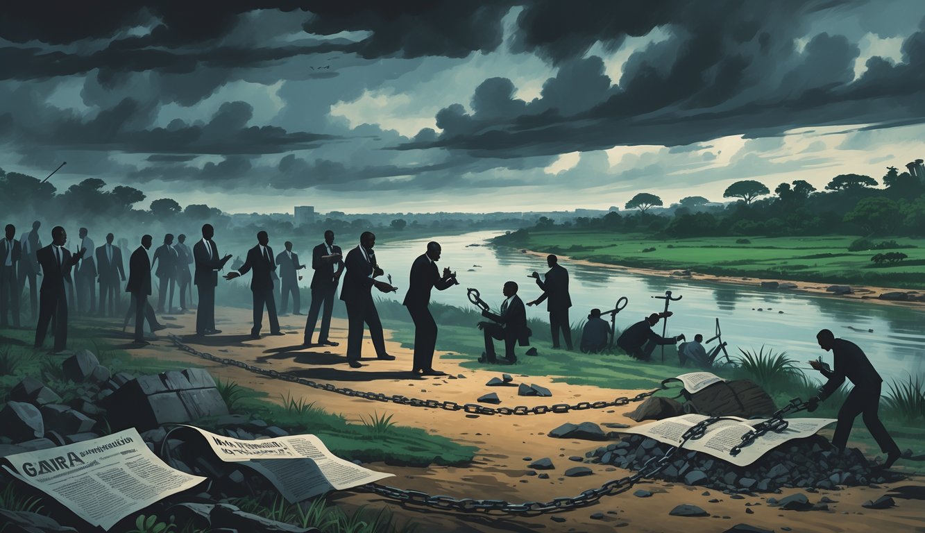 A scene showing people in discussion and protest near the River Gambia with symbolic elements like broken chains and ancient artifacts, under a cloudy sky.