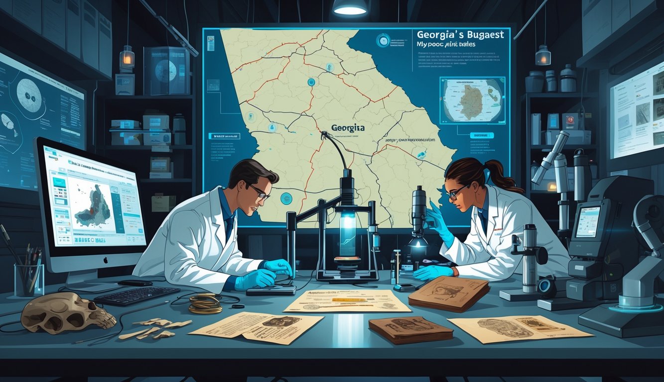 Forensic experts in a lab using advanced technology to investigate historical mysteries in Georgia, with a map and evidence displayed around them.