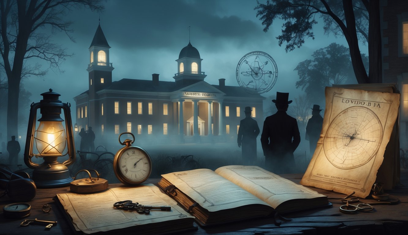 A foggy nighttime scene showing historic Valdosta landmarks with shadowy figures and ghostly images suggesting old mysteries and legends.