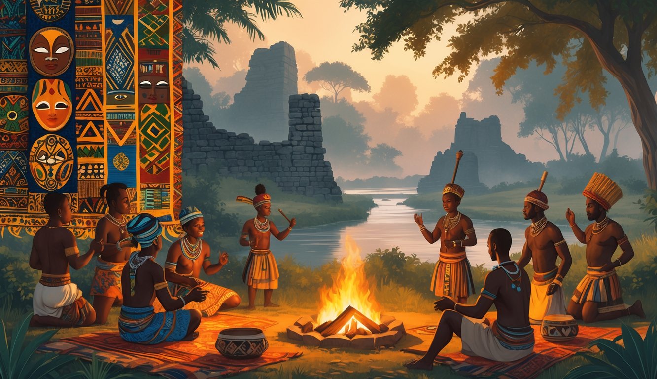 A vibrant scene showing traditional Gambian people in colorful clothing performing cultural activities near ancient ruins and a river, surrounded by ethnic artifacts and lush landscapes.