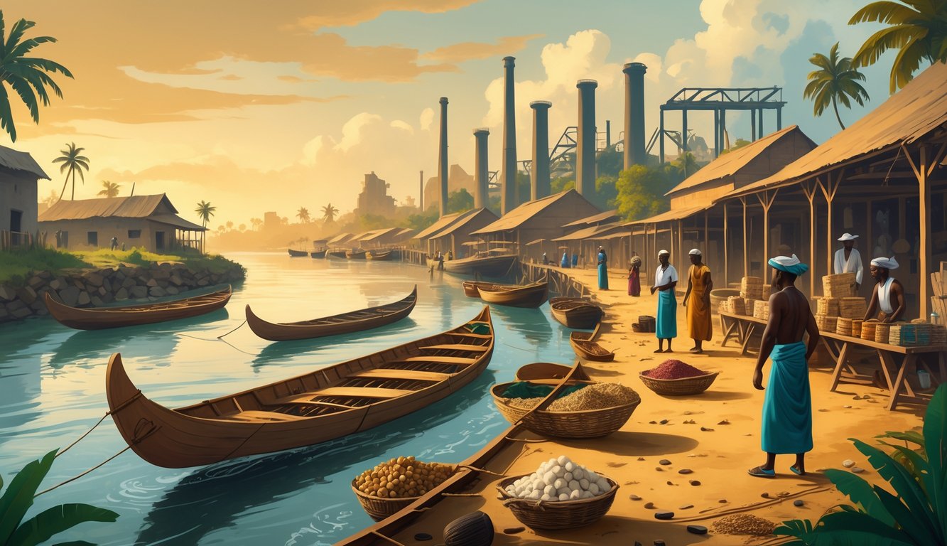 A historic Gambian river port with traditional boats, traders exchanging goods, and abandoned industrial buildings in the background surrounded by tropical vegetation.