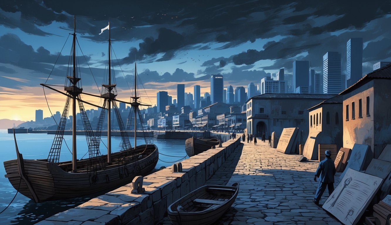 A cityscape showing Banjul's colonial port with old ships and warehouses in front, modern buildings behind, under a dramatic twilight sky, suggesting mystery and history.
