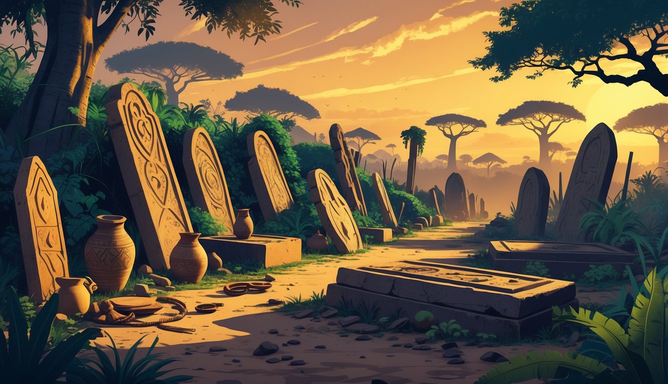 An ancient burial site in Gambia with carved stone tombstones, traditional wooden grave markers, surrounding tropical plants, and traditional artifacts nearby, set against huts and Baobab trees at sunset.