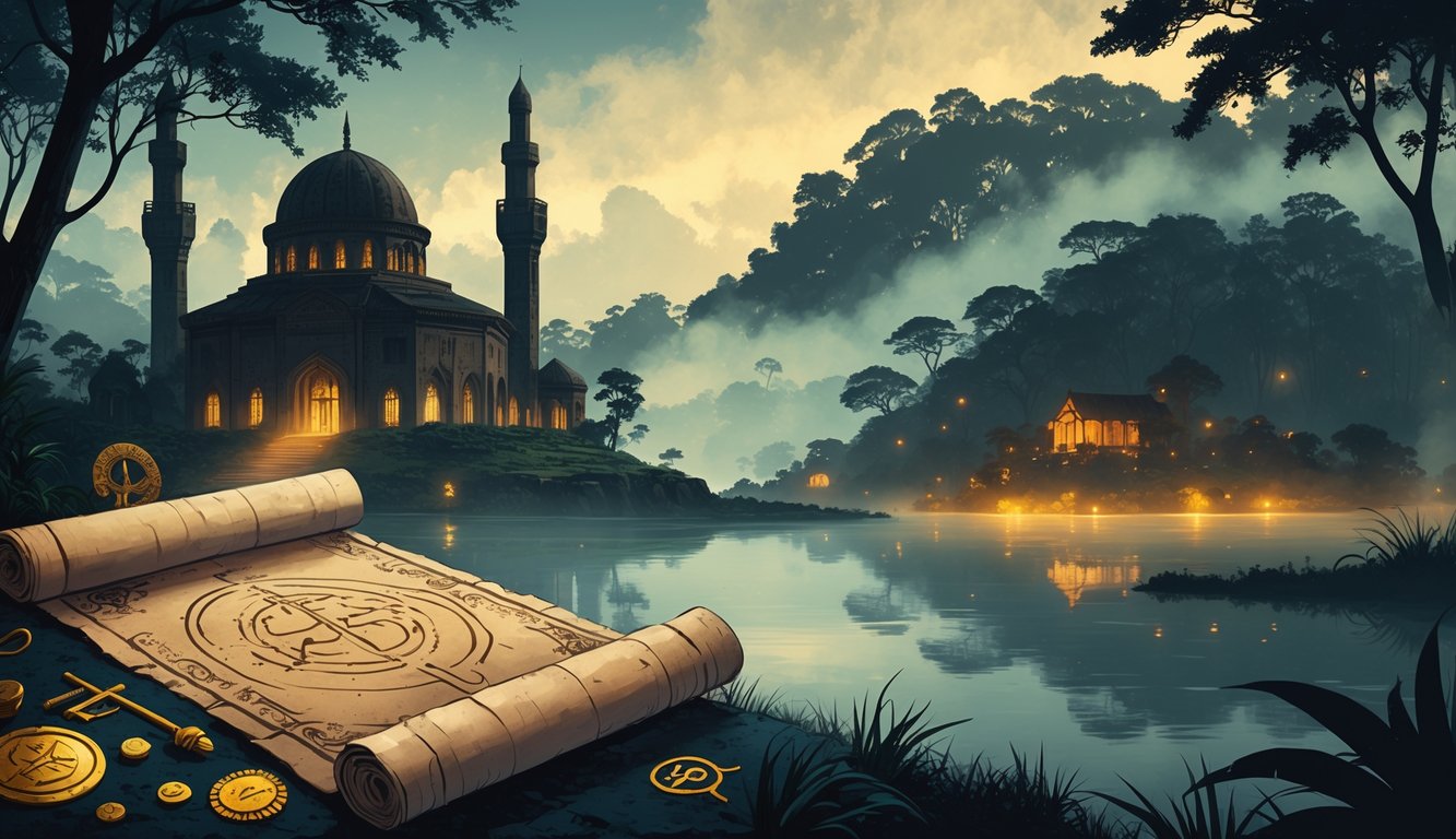 An illustration showing Ghana's ancient mosque, a stilt village over water, tropical forest with hidden caves, and glowing artifacts, representing the country's biggest historical mysteries.