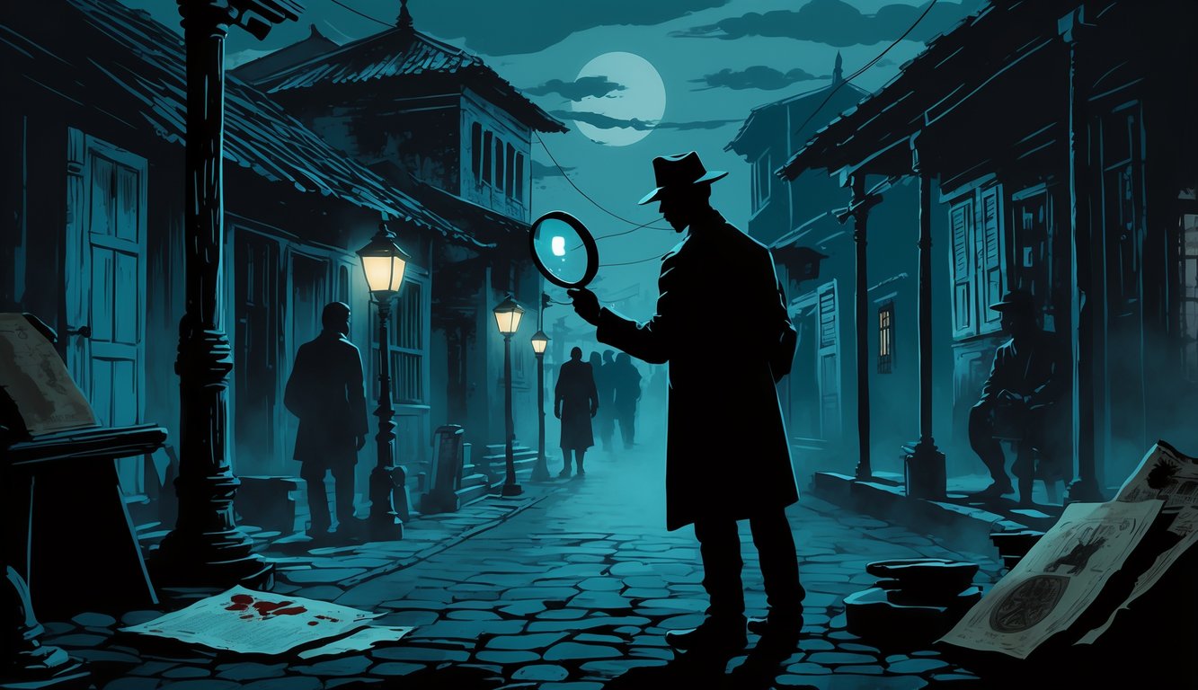 A dimly lit vintage Ghanaian town at dusk with a detective examining clues on a cobblestone street, surrounded by shadows and subtle ghostly figures.