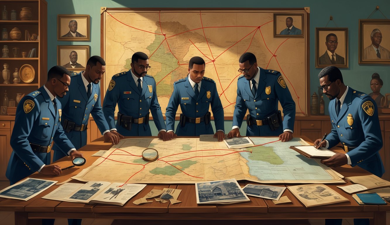 A group of Ghanaian police detectives examining maps and documents in a room filled with historical artifacts as they work together to solve mysteries.
