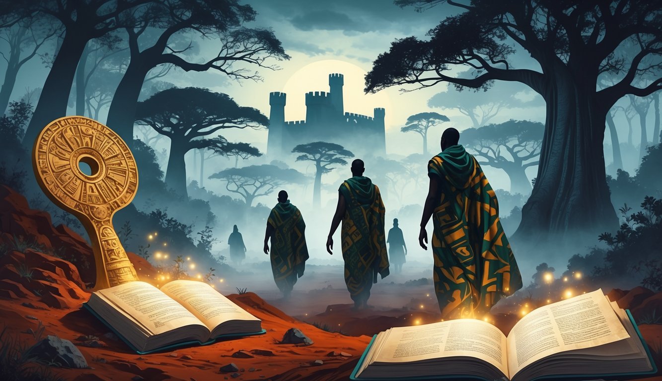 A scene showing symbolic Ghanaian historical elements like an ancient golden stool, figures in traditional cloth walking through misty forests, and historic landmarks in the background, with open glowing books suggesting hidden secrets.