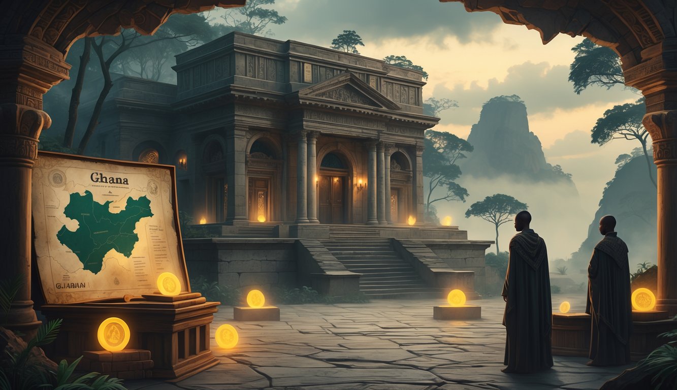 A mysterious scene showing an ancient Ghanaian library surrounded by symbolic artifacts and shadowy figures, with a misty landscape featuring historic landmarks and forested areas in the background.