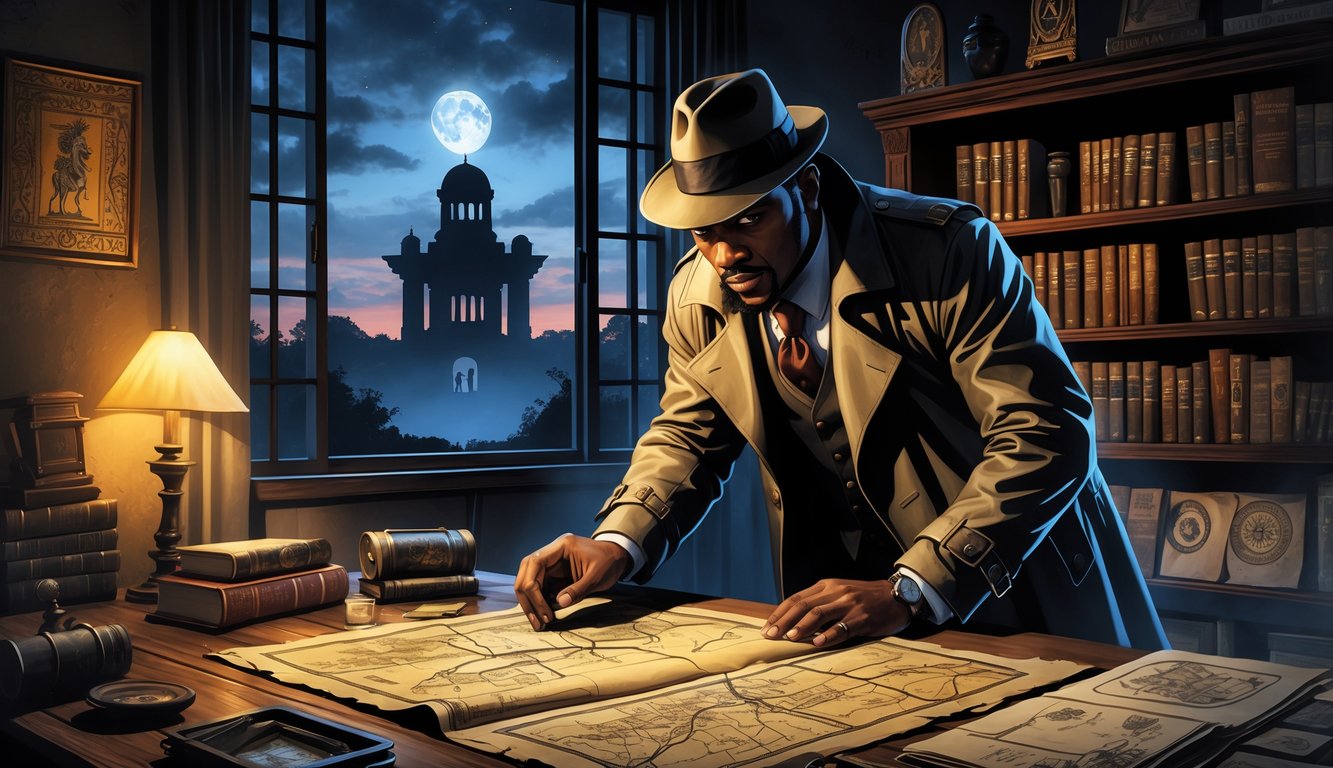 A detective in a trench coat studies ancient artifacts and maps in a dimly lit room filled with historical books and Ghanaian symbols, with a historic landmark visible outside the window at twilight.
