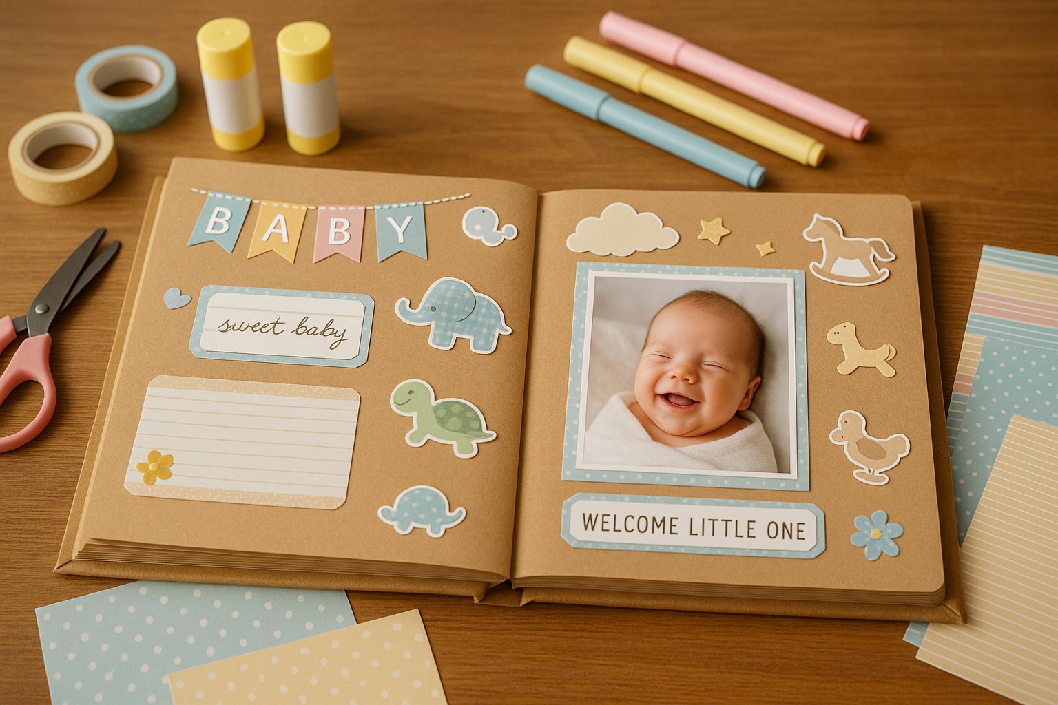 A baby scrapbook open on a table surrounded by scrapbooking supplies like markers, scissors, and decorative stickers.