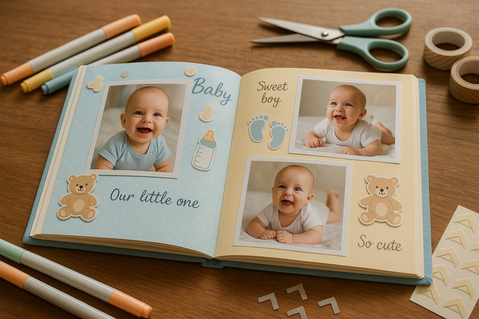 Hands arranging photos and craft supplies on a scrapbook in a well-lit workspace.