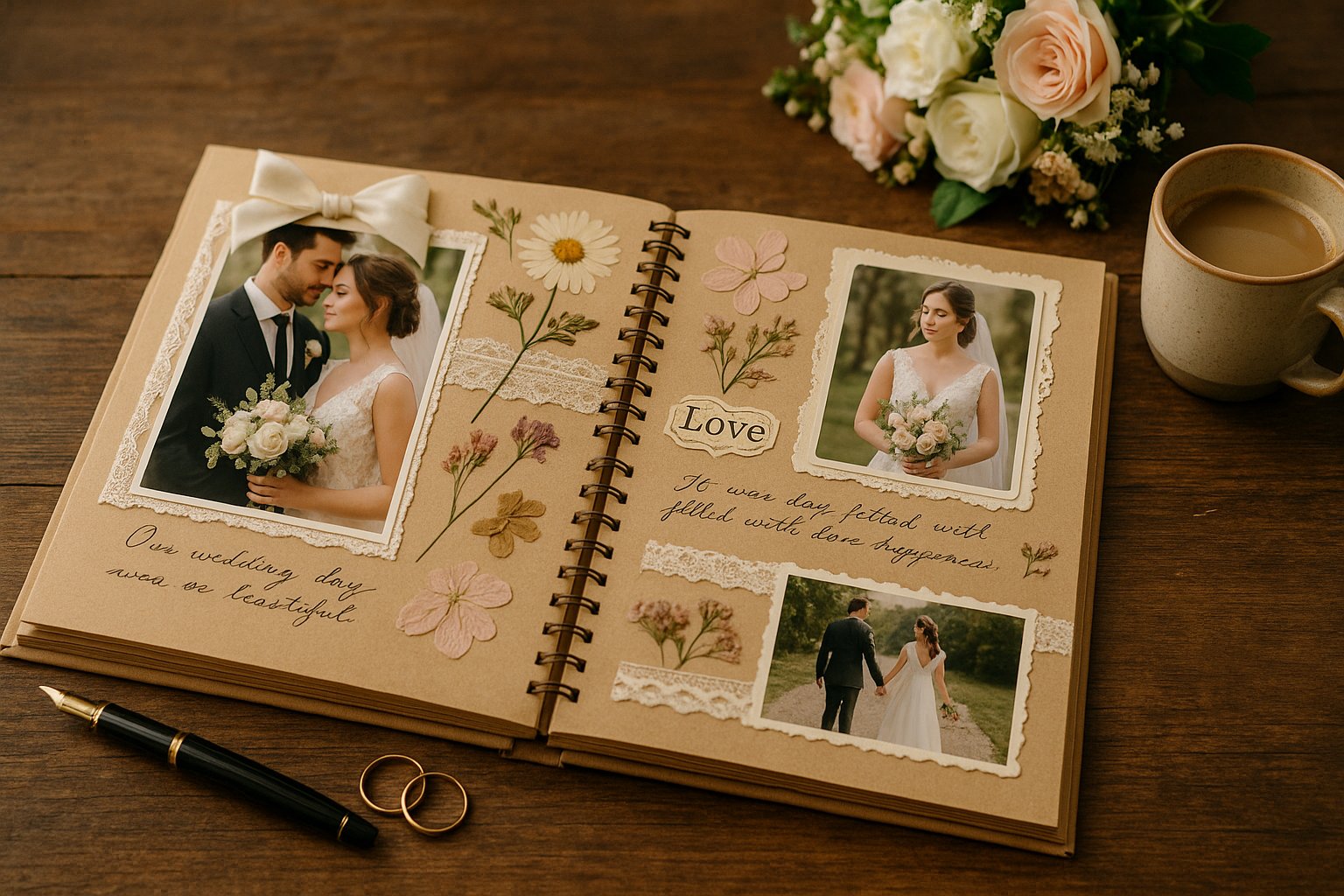 An open wedding scrapbook on a wooden table with wedding photos, pressed flowers, and handwritten notes.