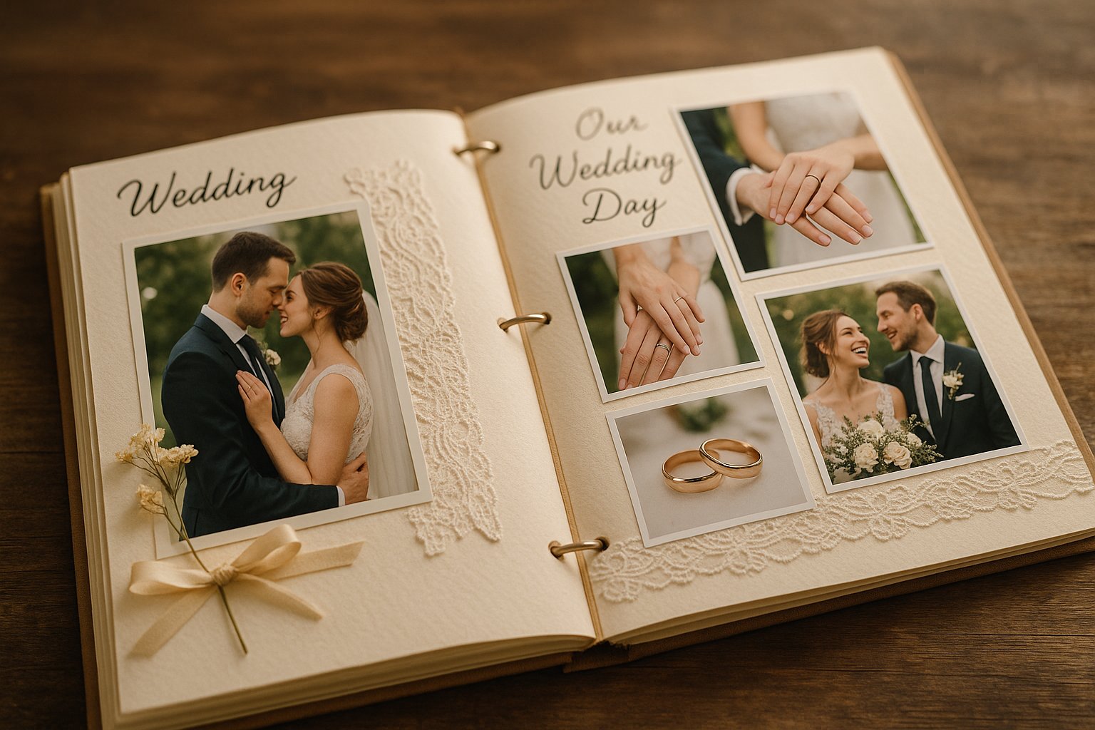 A wedding scrapbook page with photos, floral decorations, lace, invitations, and crafting tools arranged on a wooden table.