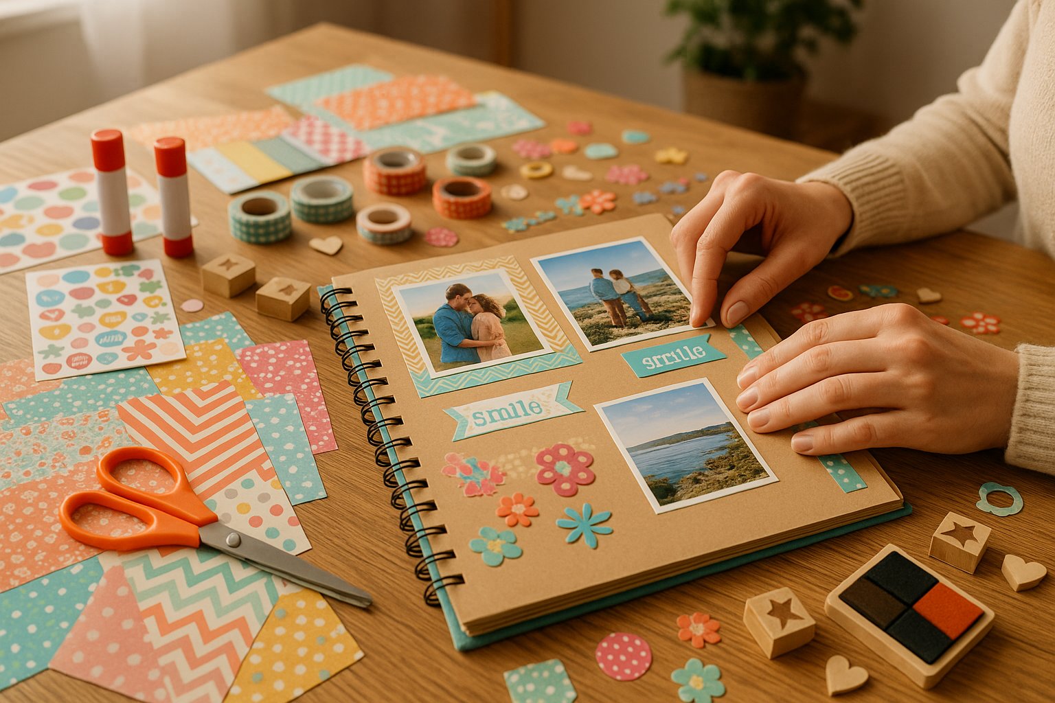 Hands arranging photos and craft materials on a table filled with scrapbooking supplies and a partially completed scrapbook album.