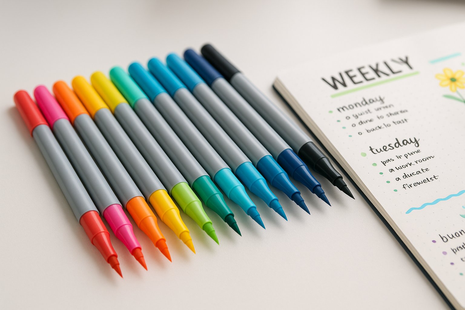 An open bullet journal with colorful hand-drawn designs and markers scattered around on a wooden desk.