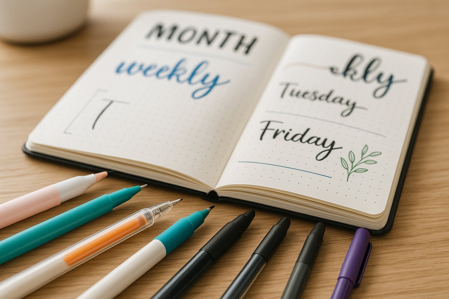 An open bullet journal surrounded by various pens including fine liners, brush pens, gel pens, and colored markers on a clean workspace.