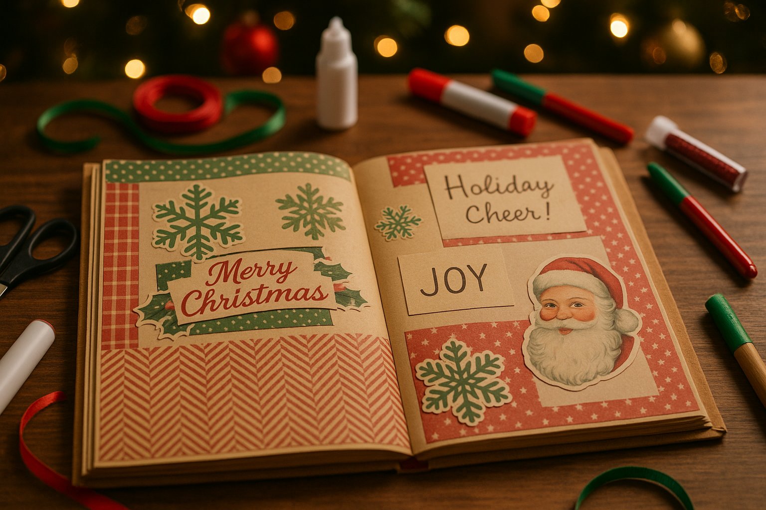 A Christmas scrapbook open on a table surrounded by crafting supplies and holiday decorations.