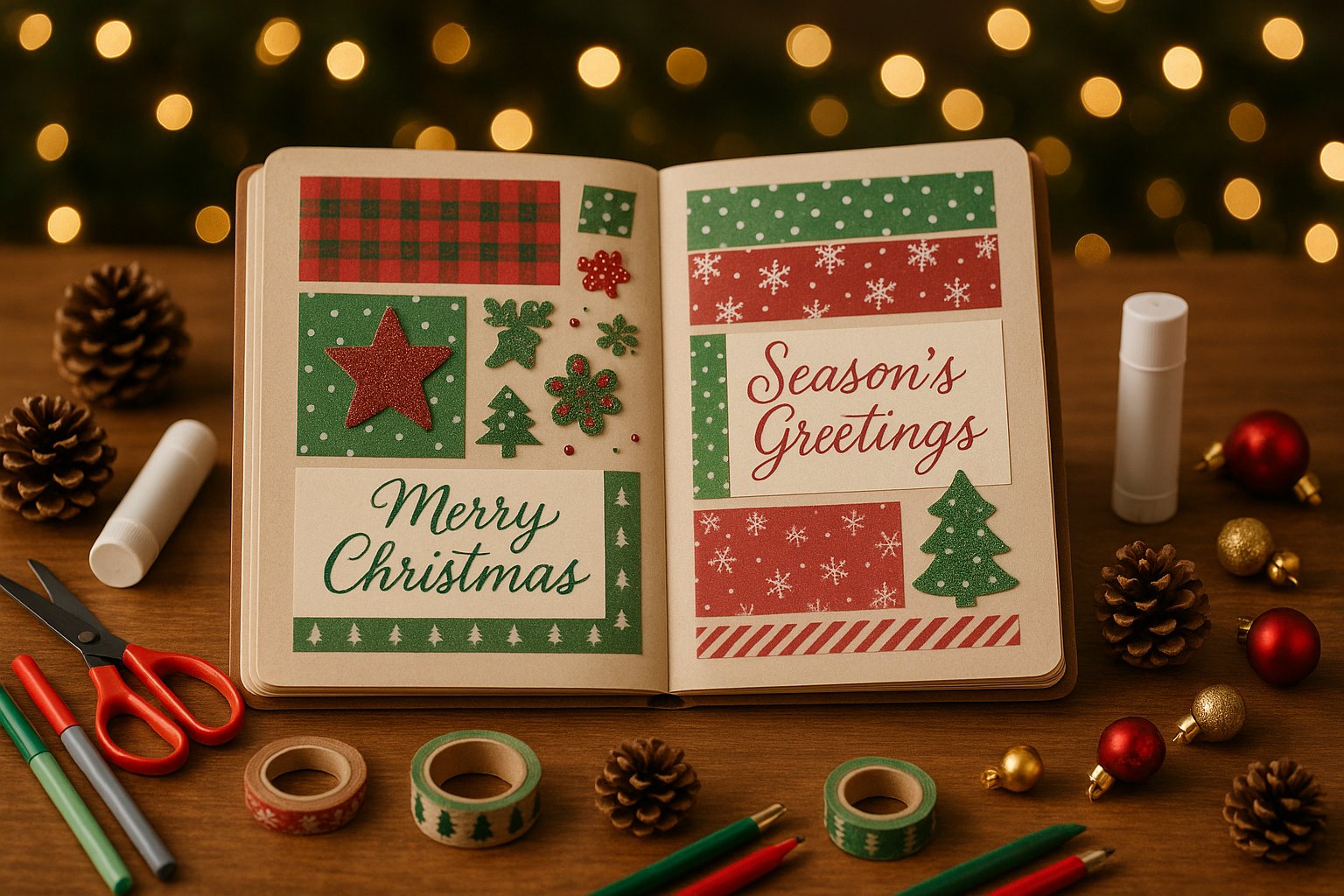 An open Christmas scrapbook on a wooden table surrounded by scrapbooking supplies and holiday decorations.