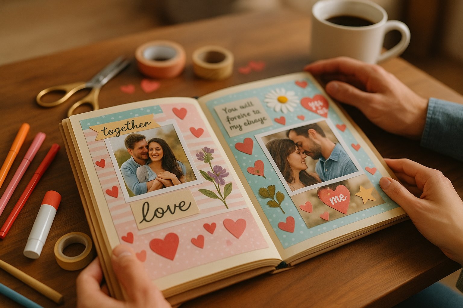 A couple working together on a scrapbook at a table filled with photos and craft supplies.