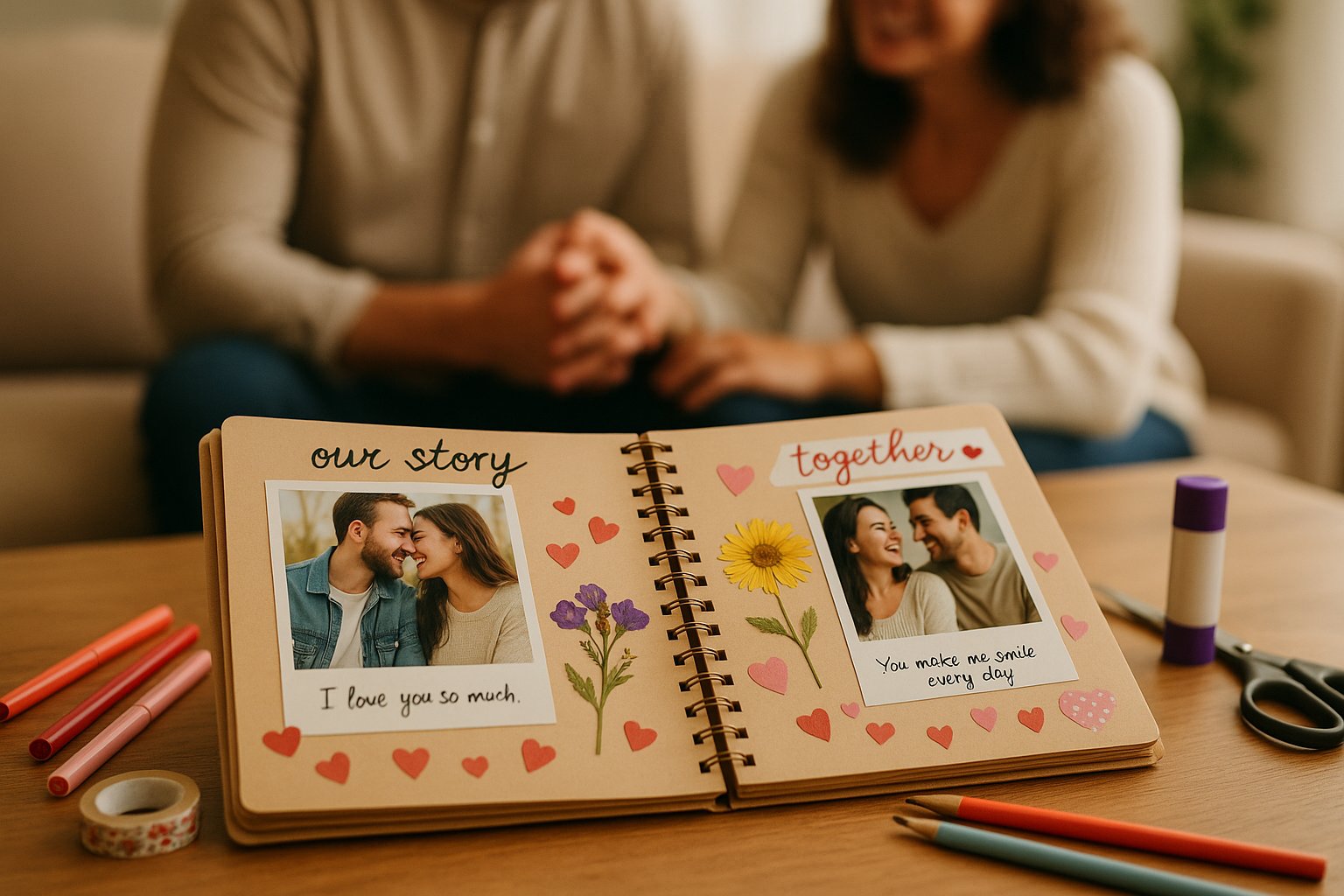A small open scrapbook with photos and decorations on a table surrounded by scrapbooking supplies like scissors, glue, and colored pens.